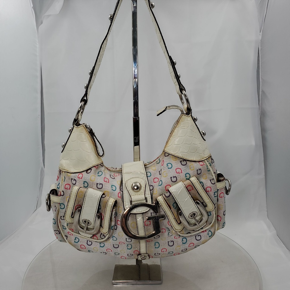 Vintage Y2K Guess Primary Monogram Canvas Hobo Shoulder Bag Multicolor G Buckle